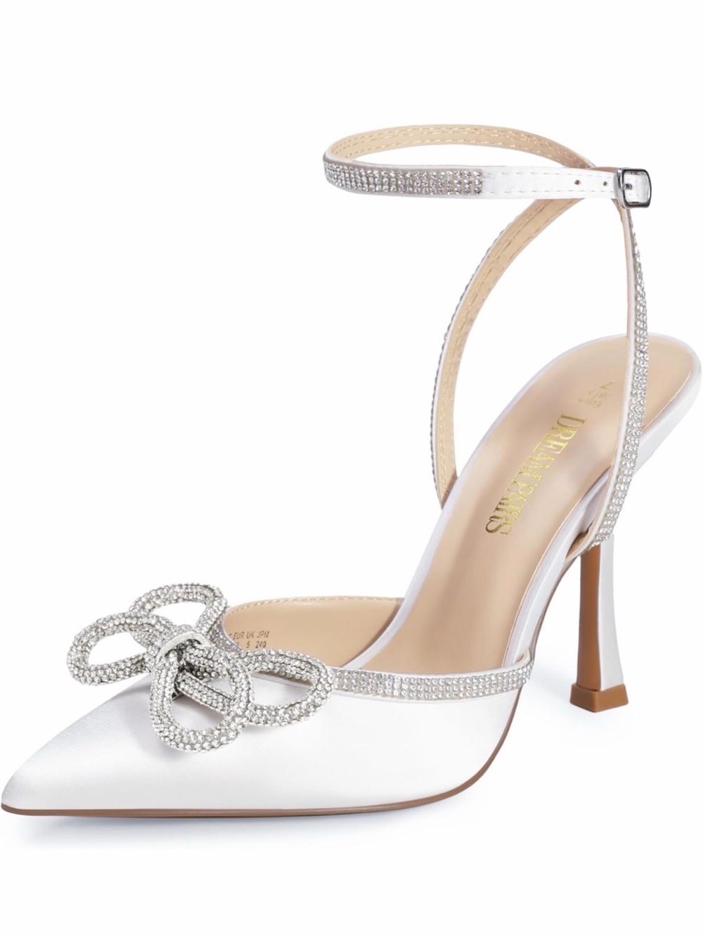 Embellished White Satin Pointed Ankle-Strap Heels